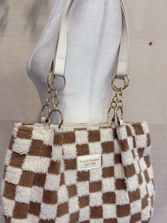 Source Unknown Handbags - Cute brown and white checkered fuzzy shoulder bag!! Perfect for going out 👝